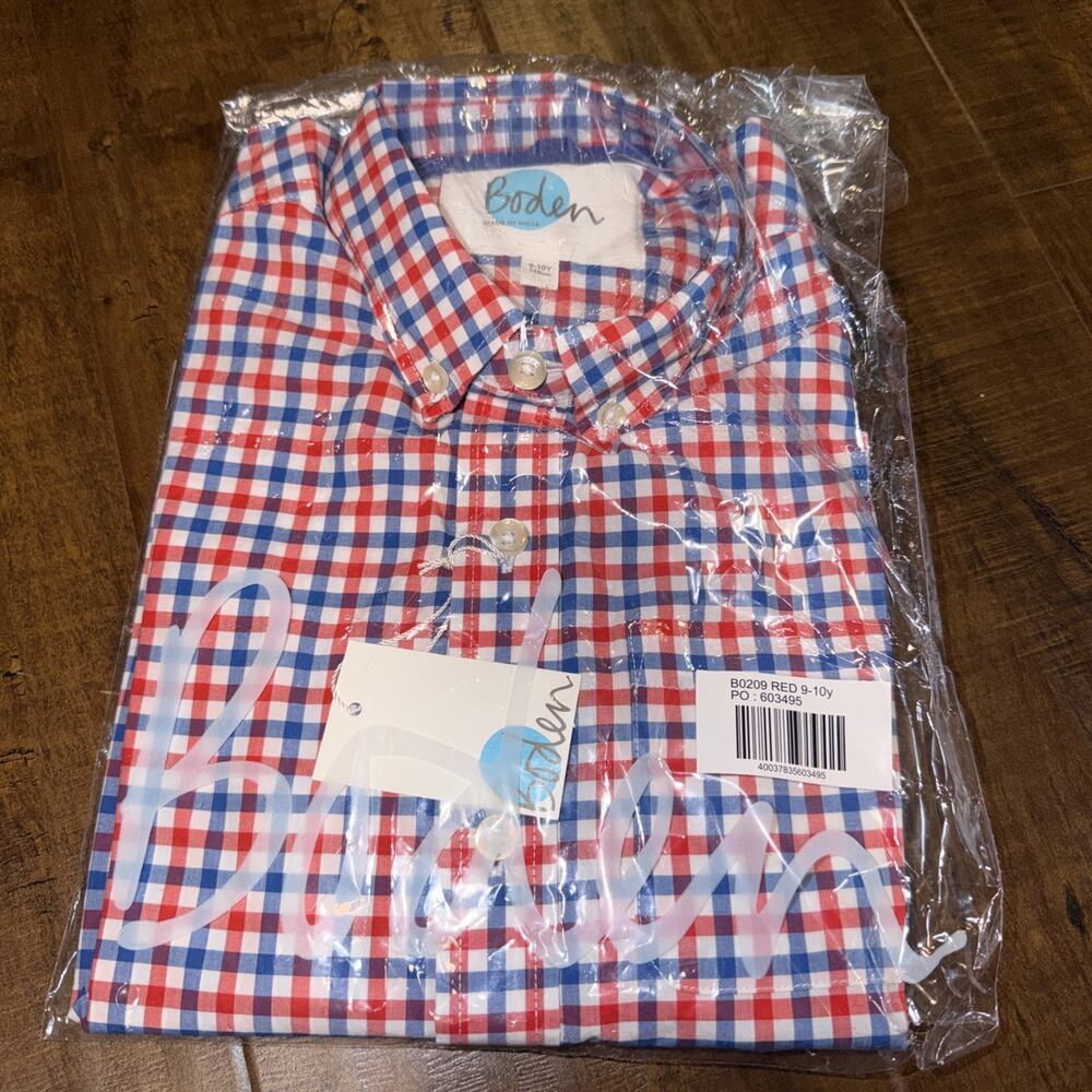 Boden Boys 9-10Y Red Blue Plaid Long Sleeve Collared Button-Up Shirt